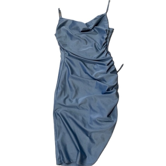 B. Darlin Mini Dress Shimmer Blue Cowl Neck Ruched - Picture 2 of 7